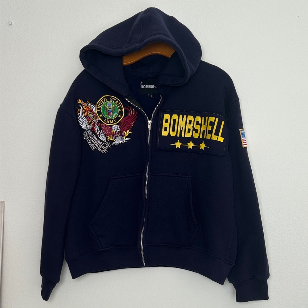 Bombshell Embroidered Patch Zip Men's Hoodie “Til Death Do Us Part” Navy Small